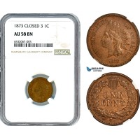 AI375, United States, Indian Cent 1873, Philadelphia, "Closed 3", NGC AU58BN