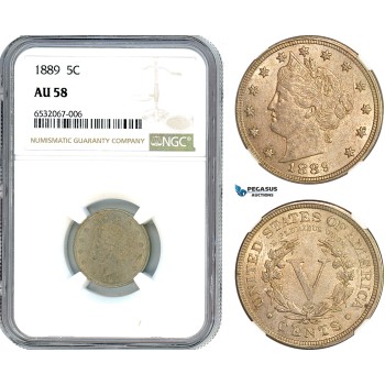 AI378, United States, 5 Cents 1889, Liberty Nickel,  Philadelphia Mint, NGC AU58