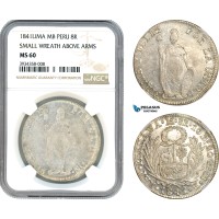 AI397, Peru, 8 Reales 1841 Lima MB, Lima Mint, Small Wreath Above Arms, Silver, NGC MS60