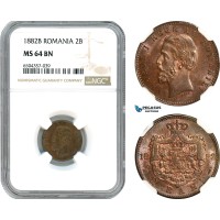 AI398, Romania, Carol I, 2 Bani 1882 B, Bucharest Mint, NGC MS64BN, Rare!
