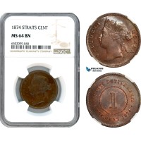 AI401, Straits Settlements, Victoria, 1 Cent 1874, Calcutta Mint, NGC MS64BN, Top Pop! 1/0