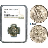 AI403, Albania, Ahmed Bey Zogu I, 1/2 Lek 1926­ R, Rome Mint, NGC MS66
