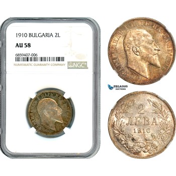 AI421, Bulgaria, Ferdinand I, 2 Leva 1910, Silver, NGC AU58 AI421, Bulgaria, Ferdinand I, 2 Leva 1910, Silver, NGC AU58