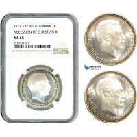 AI430, Denmark, Christian X Accession, 2 Kroner 1912 VBP, Copenhagen Mint, Silver, NGC MS65
