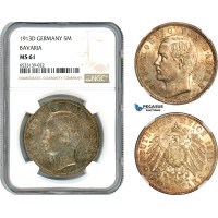 AI435, Germany, Bavaria, Otto, 5 Mark 1913 D, Munich Mint, Silver, NGC MS61