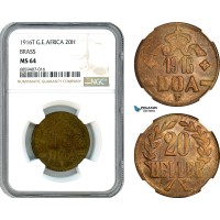 AI438, German East Africa (DOA) 20 Heller 1916 T, Tabora Mint, Brass, NGC MS64