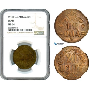 AI438, German East Africa (DOA) 20 Heller 1916 T, Tabora Mint, Brass, NGC MS64