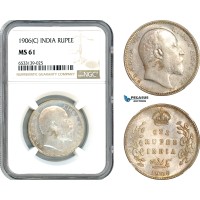 AI441, India, Edward VII, 1 Rupee 1906 C, Calcutta Mint, Silver, NGC MS61