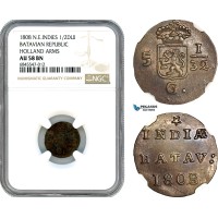 AI446, Netherlands East Indies, Batavian Rep. 1/2 Duit 1808, Holland Arms, NGC AU58BN