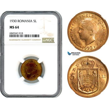 AI453, Romania, Mihai I, 5 Lei 1930, Paris Mint, NGC MS64