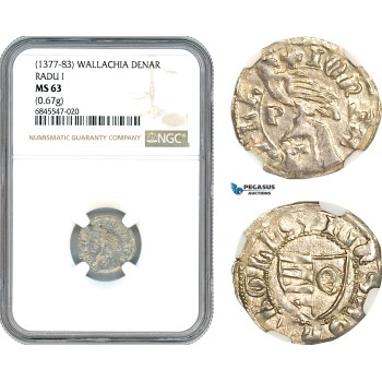 AI460, Romania, Wallachia, Radu I, 1 Denar (1377-83) Silver, NGC MS63