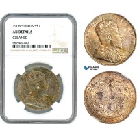 AI476, Straits Settlements, Edward VII, 1 Dollar 1908, Bombay Mint, Silver, NGC AU Det.