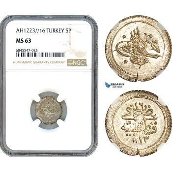 AI479, Ottoman Empire, Turkey, Mahmud II, 5 Para AH1223//16, Kostantiniye Mint, Silver, NGC MS63