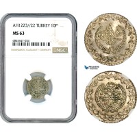 AI480, Ottoman Empire, Turkey, Mahmud II, 10 Para AH1223//22, Kostantiniye Mint, Silver, NGC MS63