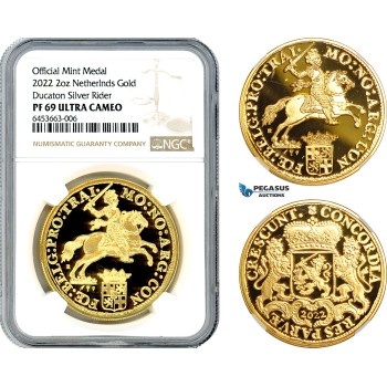 AI481, Netherlands, Ducaton Restrike Medal (2 oz) 2022 R, Utrecht Mint, Gold, KM# --, Mintage: 20 pcs, NGC PF69 Ultra Cameo, includes COA+ Original box!