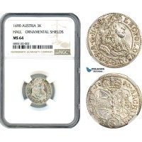 AI484, Austria, Leopold I, 3 Kreuzer 1690, Ornamental Shields, Hall Mint, Silver, NGC MS64