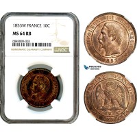 AI494, France, Napoleon III, 10 Centimes 1853 W, Lille Mint, NGC MS64RB