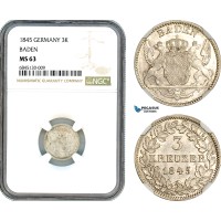 AI495, Germany, Baden, Leopold I, 3 Kreuzer 1845, Silver, NGC MS63