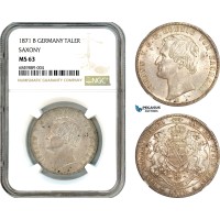 AI500, Germany, Saxony, Johann I, Taler 1871 B, Dresden Mint, Silver, NGC MS63