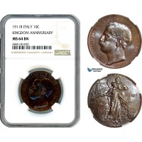AI503, Italy, Vitt. Emanuele III, 10 Centesimi 1911 R, Rome Mint, Kingdom Anniversary, NGC MS64BN