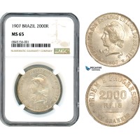 AI512, Brazil, 2000 Reis 1907, Rio de Janeiro Mint, Silver, NGC MS65