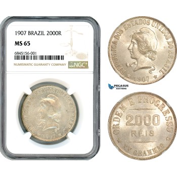 AI512, Brazil, 2000 Reis 1907, Rio de Janeiro Mint, Silver, NGC MS65