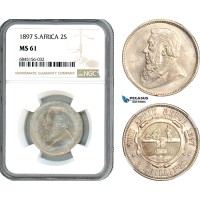 AI534, South Africa (ZAR) 2 Shillings 1897, Pretoria Mint, Silver, NGC MS61