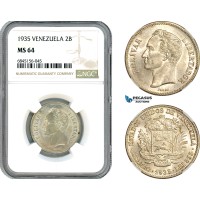AI536, Venezuela, 2 Bolivares 1935, Philadelphia Mint, Silver, NGC MS64