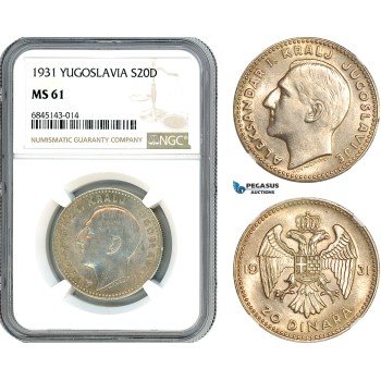 AI537, Yugoslavia, Alexander I, 20 Dinara 1931, Belgrade Mint, Silver, NGC MS61