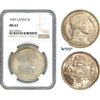 AI553, Latvia, 5 Lati 1929, Silver, NGC MS63