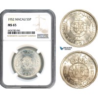AI560, Macau (Portuguese Colony) 5 Patacas 1952, Silver, NGC MS65