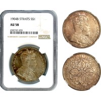 AI569, Straits Settlements, Edward VII, 1 Dollar 1904 B, Bombay Mint, Silver, NGC AU58