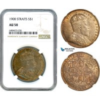AI570, Straits Settlements, Edward VII, 1 Dollar 1908, London Mint, Silver, NGC AU58