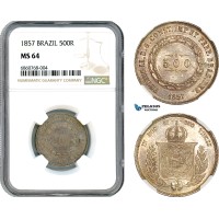AI575, Brazil, Pedro II, 500 Reis 1857, Rio de Janeiro Mint, Silver, NGC MS64