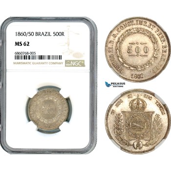 AI576, Brazil, Pedro II, 500 Reis 1860/50, Rio de Janeiro Mint, Silver, NGC MS62