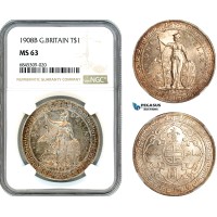 AI596, Great Britain, Trade Dollar 1908 B, Bombay Mint, Silver, NGC MS63