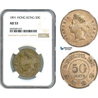 AI597, Hong Kong, Victoria, 50 Cents 1891, London Mint, Silver, NGC AU53