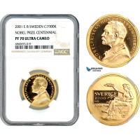 AI609, Sweden, Nobel Prize Centennial 2000 Kronor 2001, Eskilstuna Mint, Gold, NGC PF70 Ultra Cameo