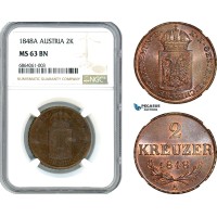AI659, Austria, Ferdinand I, 2 Kreuzer 1848 A, Vienna Mint, NGC MS63BN