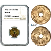 AI686, Romania, Carol I, 5 Bani 1906 J, Hamburg Mint, NGC MS67+