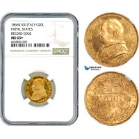 AI693, Italy, Papal States, Pius IX, 20 Lire 1866 R, Rome Mint, Reeded Edge, Gold, NGC MS65+