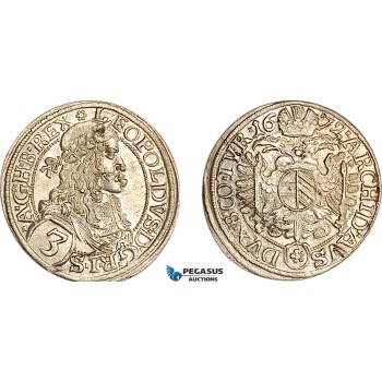 AI694, Austria, Leopold, 3 Kreuzer 1672, Vienna Mint, Silver, Flan flaw, UNC