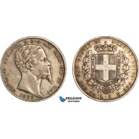 AI701, Italy, Sardinia, Vittorio Emmanuele II, 5 Lire 1852 Anchor P, Genoa Mint, Silver, Toned, VF