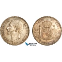 AI707, Spain, Alfonso XII, 5 Pesetas 1885 (87) MSM, Madrid Mint, Silver, Minimal cleaning, AU