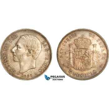 AI707, Spain, Alfonso XII, 5 Pesetas 1885 (87) MSM, Madrid Mint, Silver, Minimal cleaning, AU