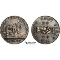 AI711, Sierra Leone, British Colony, ­Sierra Leone Company, 20 Cents 1791, Silver, Cleaned AU, Rare!