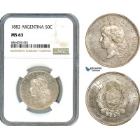 AI739, Argentina, 50 Centavos 1882, Silver, NGC MS63