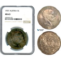 AI744, Austria, Franz Joseph, 5 Corona 1907, Vienna Mint, Silver, NGC MS63