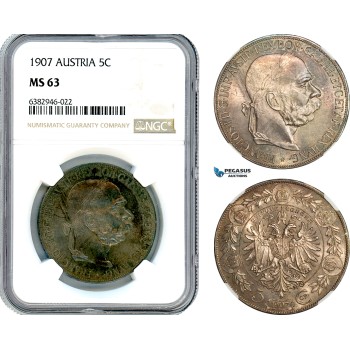 AI744, Austria, Franz Joseph, 5 Corona 1907, Vienna Mint, Silver, NGC MS63