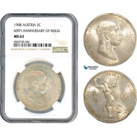 AI745, Austria, Franz Joseph, 5 Corona 1908, Vienna Mint, Silver "60TH ANNIVERSARY OF REIGN" NGC MS63